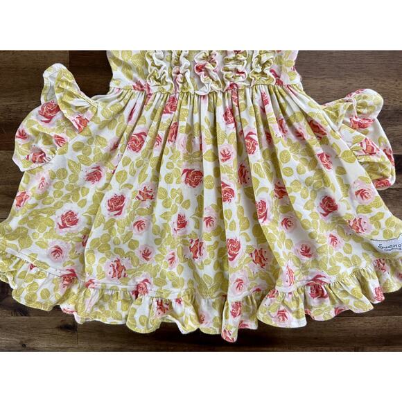 SweetHoney Citrus Floral Knit Sleeveless Ruffles Dress Yellow Red Pockets 18M - Picture 3 of 8